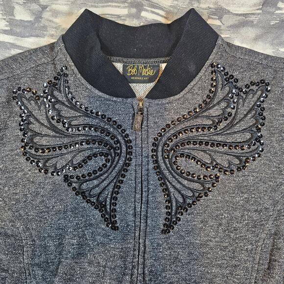 Bob Mackie Wearable Art Black Sequine Wings Gray Full Zip Jacket Women's XL Gift - Picture 7 of 8
